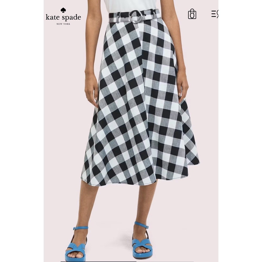 New Kate Spade New York Linen Blend Gingham Belted Skirt‎ Size 0 Black/White